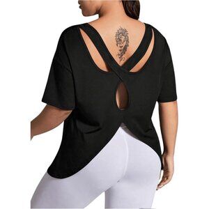 Women's Plus Size Open Back Workout Top Short Sleeve Criss Cross Tee